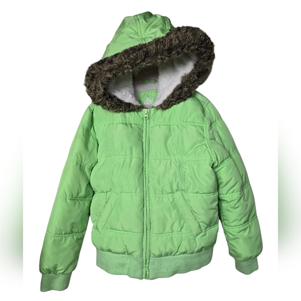 SO Green Faux Fur Hood Full Zip Puffer Jacket M 10-12